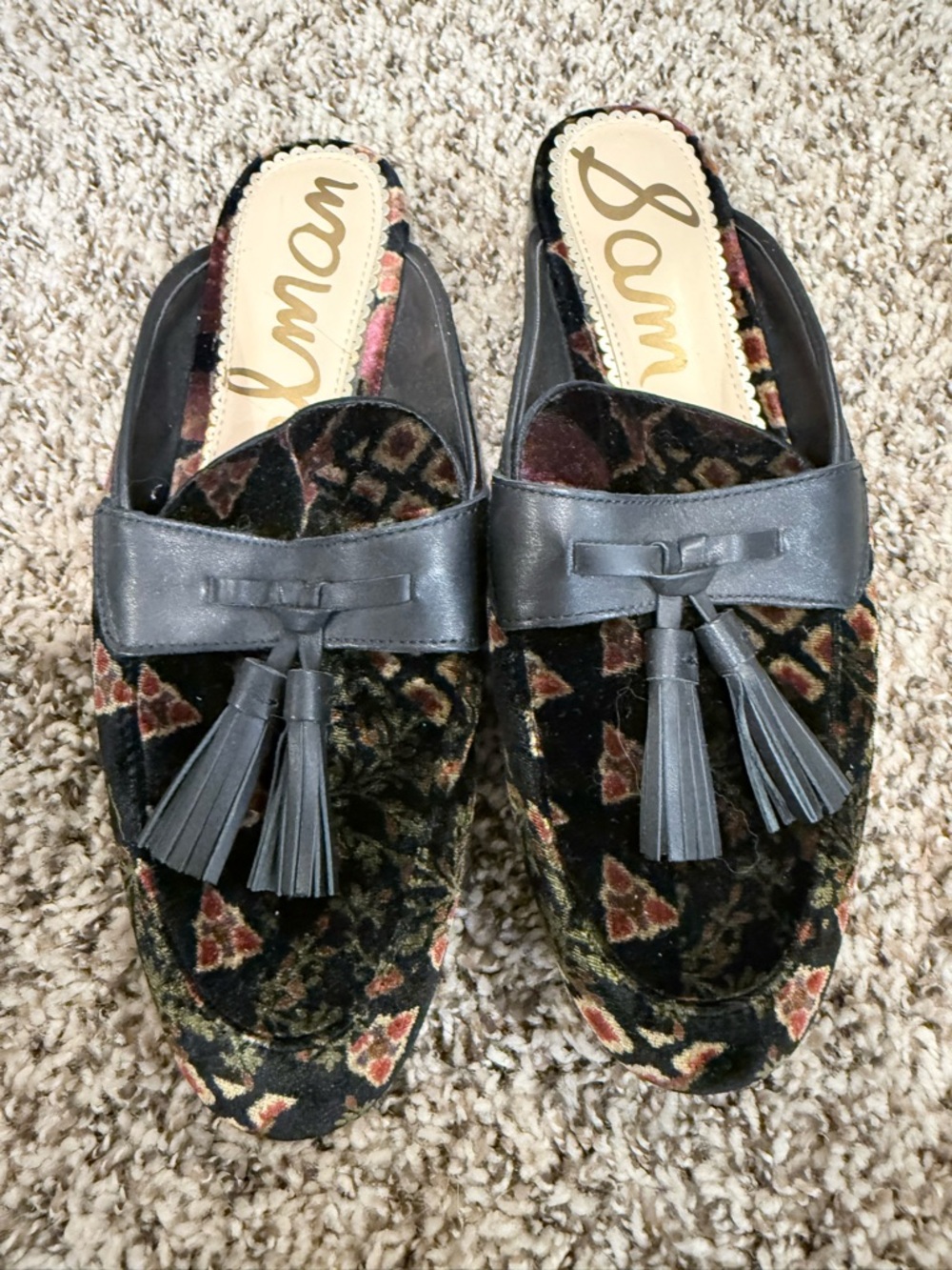 Sam Edelman Black Velvet Tassel Mules with Multicolor Pattern